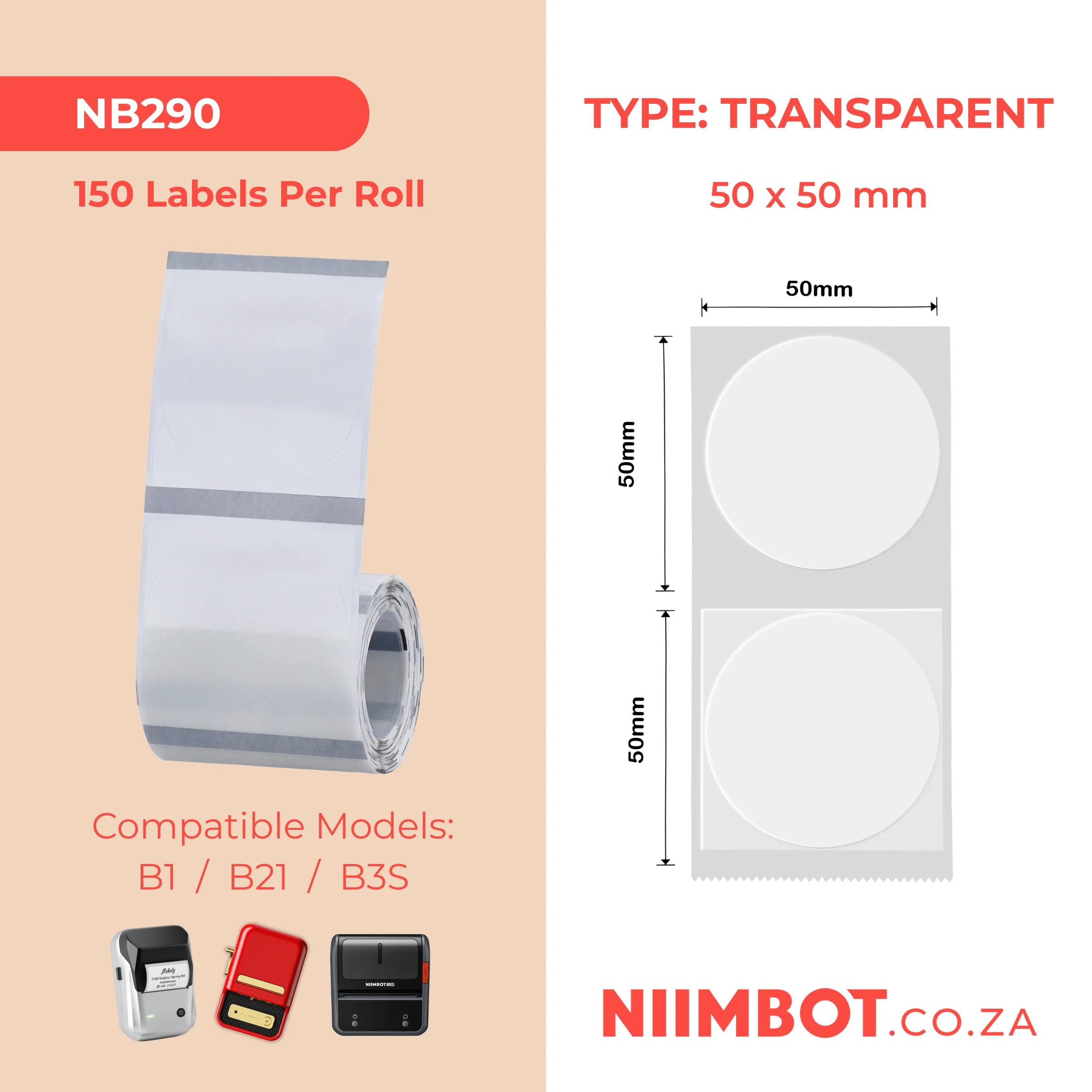NIIMBOT B1/ B21/ B3S/ B4 50X50MM-50 TRANSPARENT ROUND LABELS