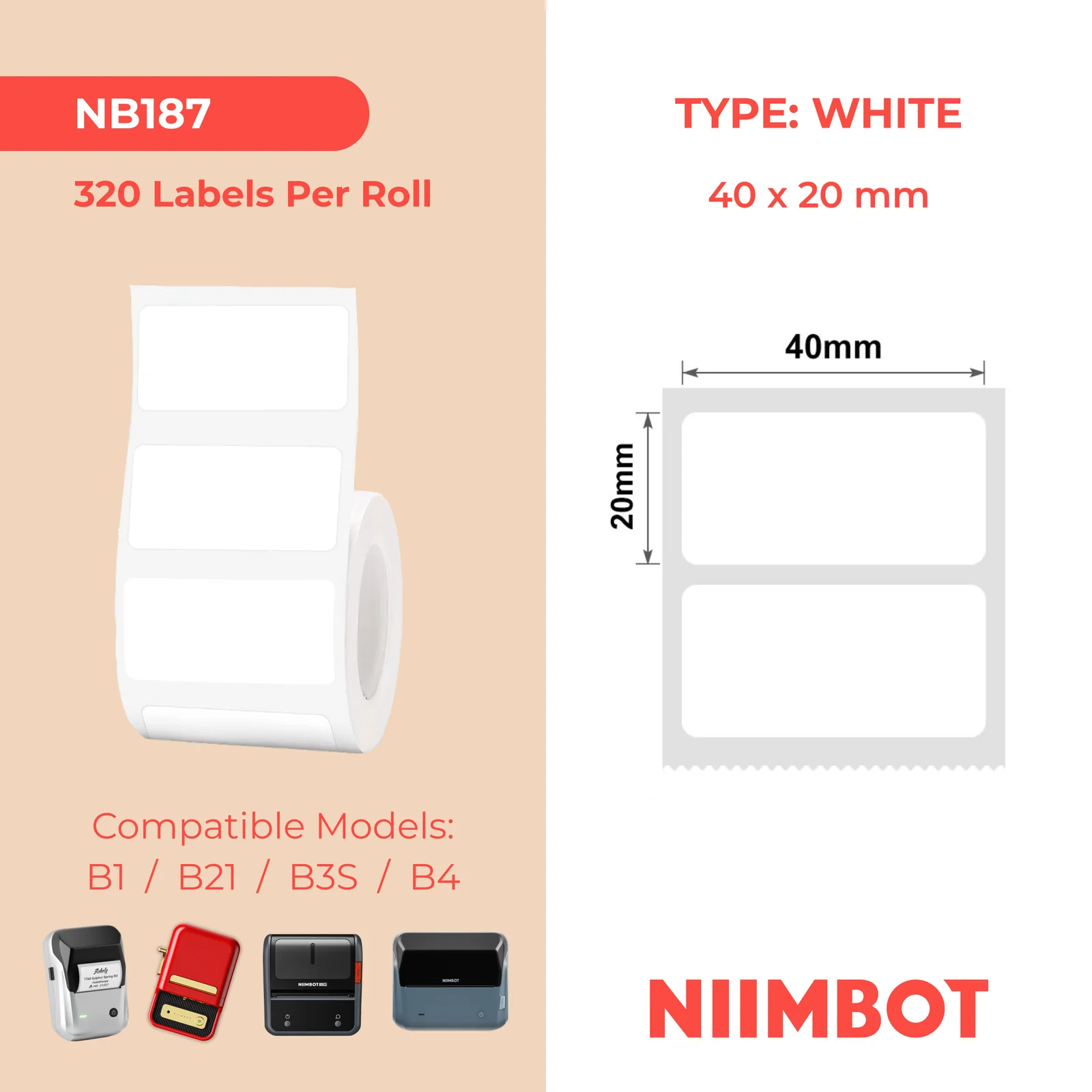 NIIMBOT B1 B21 B3S B4 40X20MM -320 WHITE LABELS