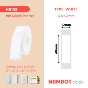 NIIMBOT – D11 / D101 / D110 / H1S – T12X40MM – 160 LABELS PER ROLL – WHITE