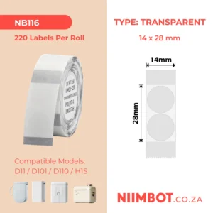 NIIMBOT – D11 / D101 / D110 / H1S – 14X28MM – 220 LABELS PER ROLL – ROUND – TRANSPARENT