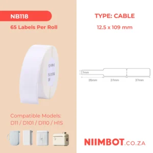 NIIMBOT – D11 / D101 / D110 / H1S – RXL 12.5X109MM – 65 LABELS PER ROLL – CABLE – WHITE